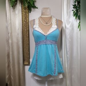 ♡ Y2K ♡ Hollister Aqua Blue Floral Babydoll Henley Tank Top